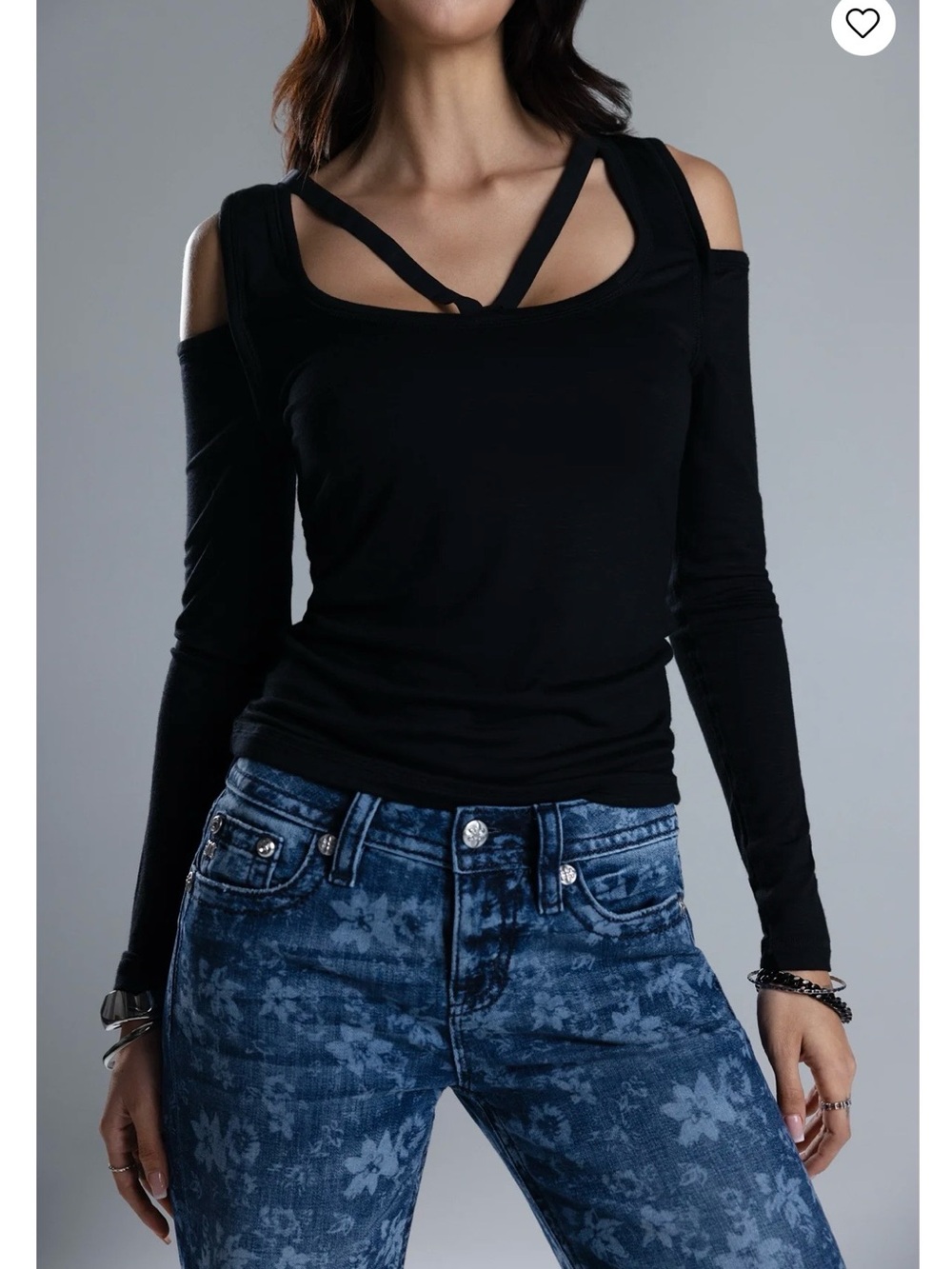 Miss Me Black Cold-Shoulder Strappy Long Sleeve Top